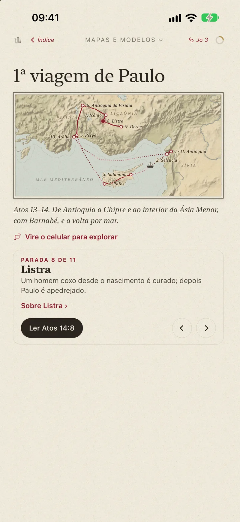 A página do mapa da primeira viagem de Paulo, com o cartão de Listra